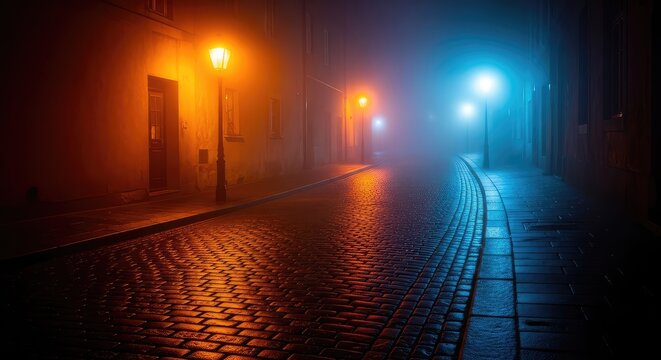 A narrow cobblestone street shrouded in thick night fog, illuminated by glowing vintage lanterns casting long shadows on the wet pavement, haunted, scenery, evening