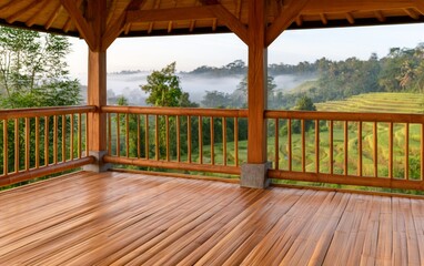 Naklejka premium Tranquil Open-Air Platform Overlooking Lush Indonesian Rice Terraces at Dawn