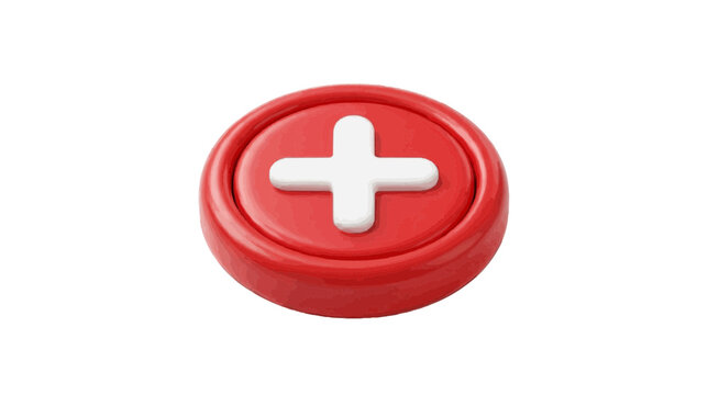 Vector illustration of 3d render of a red button with a white plus sign on a transparent background