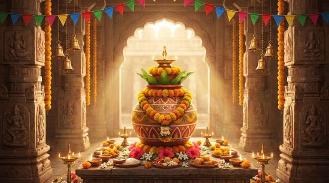 illustration of a traditional Bonalu festival temple interior