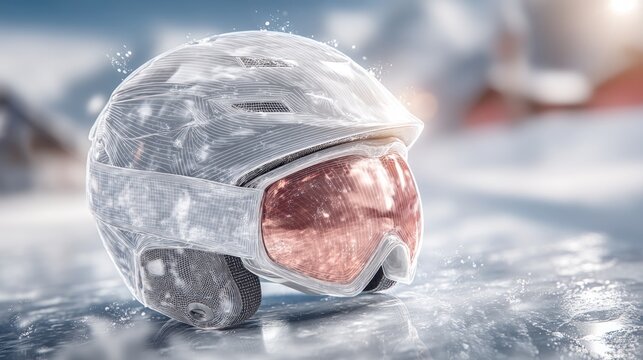 Snowboard Helmet and Goggles in Snowy Mountain Environment