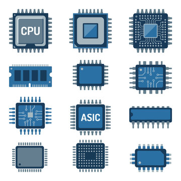 Collection of various computer microchips and processors.