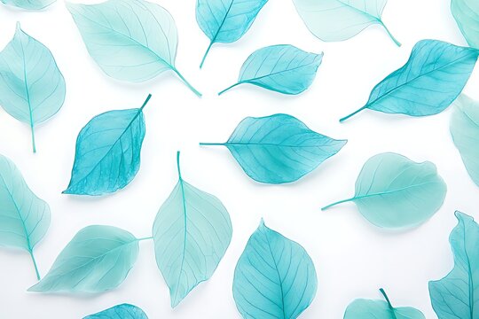 Top view of beautiful translucent blue skeleton leaves isolated on white background