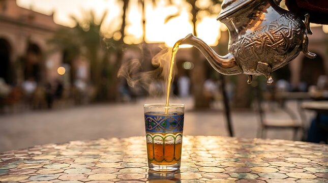 Action culinary shot of traditional South Asian cha milk tea being poured from a vintage metal teapot into a steaming clay glass, cozy local cafe culture and aromatic beverage concept.