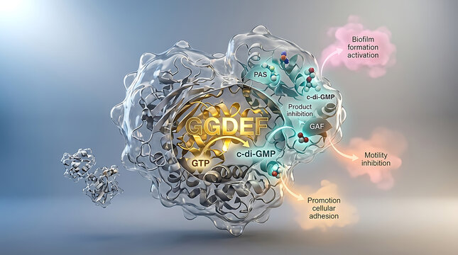 Premium Regal Transparent Bacterial Diguanylate Cyclase Cutaway Molecular Microbiology Visualization with c-Di-GMP Synthesis and Biofilm Activation