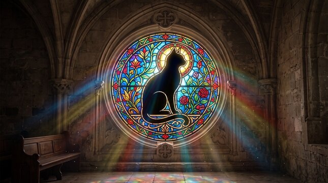Cat silhouette depicted in a round stained glass window of an ancient stone cathedral with rainbow light rays for mystical fantasy concept art