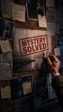 Hand placing puzzle piece on detective board with "MYSTERY SOLVED" and "CASE #47A" crime notes
