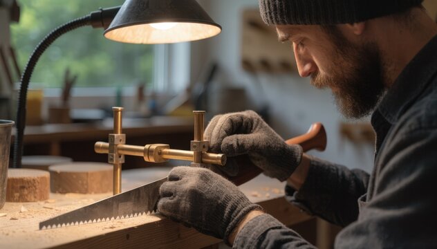 Closeup of a craftsman carefully bending handsaw teeth with a light set for precise kerf width and smooth cutting action in a welllit workshop.