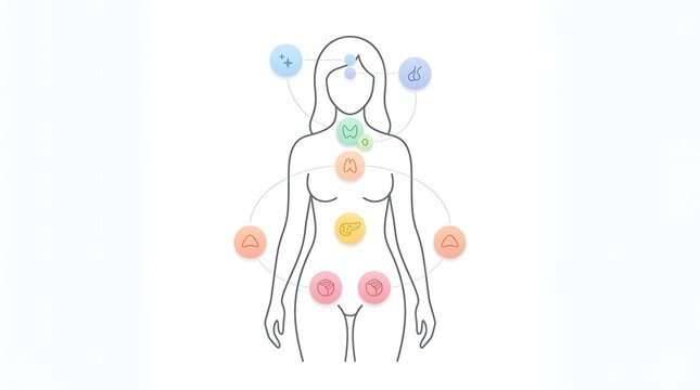 Stylized outline of a female body illustrating the seven main chakras with their corresponding colors and energy points.