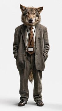 Anthropomorphic wolf in a brown business suit with ID badge