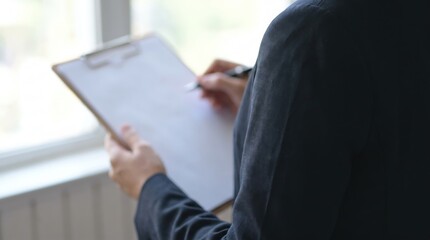 Obraz premium Over the Shoulder Close-Up of Businesswoman in Corporate Attire Writing on Clean Minimalist Checklist with Pen, Focusing on Project Management, Task Organization, and Productivity Growth Concept