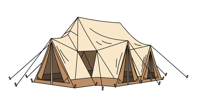 Large canvas glamping tent with multiple entryways and sturdy ropes standing isolated on a clean white background.