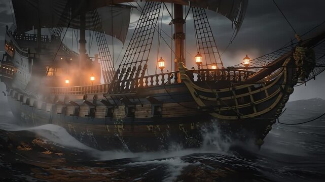 Classic galleon ship sailing on dark rough ocean waters