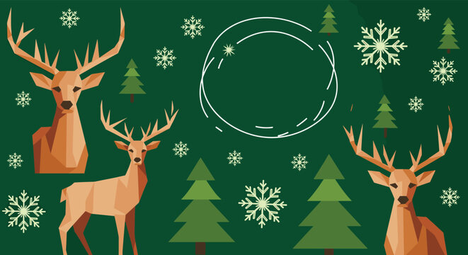 Christmas greeting card design with geometric deer stags, green pine trees, and snowflakes on a dark green background.
