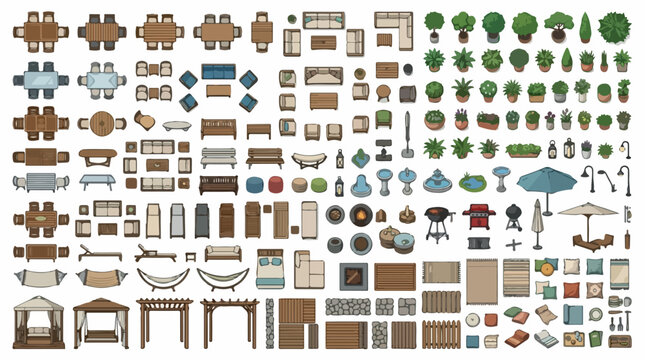 Outdoor furniture top view vector set, patio landscape design elements for garden planning, terrace furniture icons and backyard layout symbols