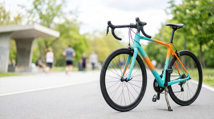 Fototapeta premium Professional road bike on street with runners and trees in background 