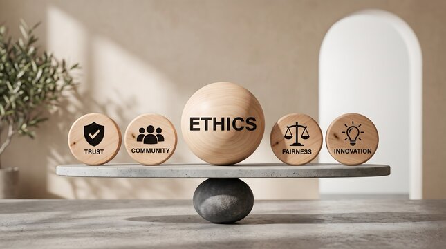 Core ethical values in business showcasing trust community fairness and innovation balancing on a stone scale