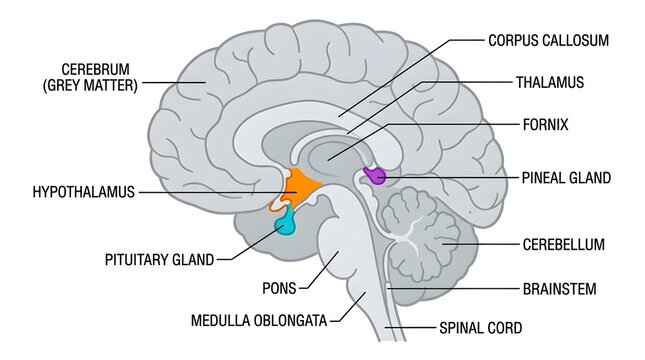 Detailed diagram of the human brain showing major anatomical structures and their labels in a sagittal view.