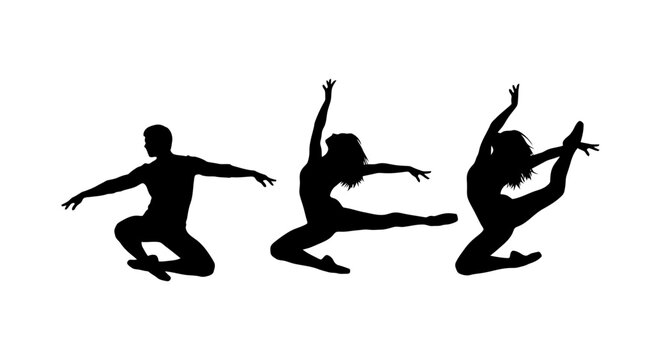 Three dancers in silhouette performing dynamic leaps against white background.