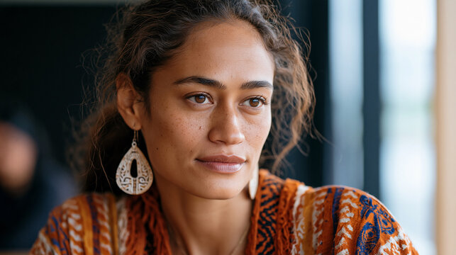 Maori woman mid-presentation at a corporate quarterly meeting, pausing because she has just seen a senior colleague roll their eyes, the split second of choice between absorbing