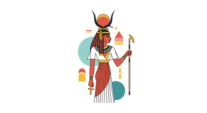 Ancient Egyptian goddess Isis or Hathor holding an ankh and a staff, shown in traditional clothing with geometric shapes.