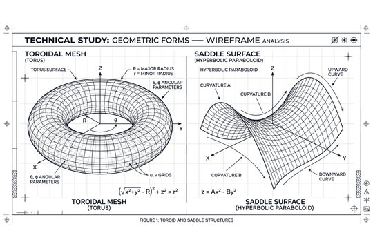 Technical study of geometric forms: wireframe analysis of toroidal and saddle surfaces