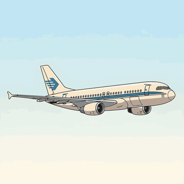 Illustrated beige commercial airliner with blue stripes and tail logo flying in a clear light blue sky. Classic narrow-body twin-engine passenger plane side view vector style art.