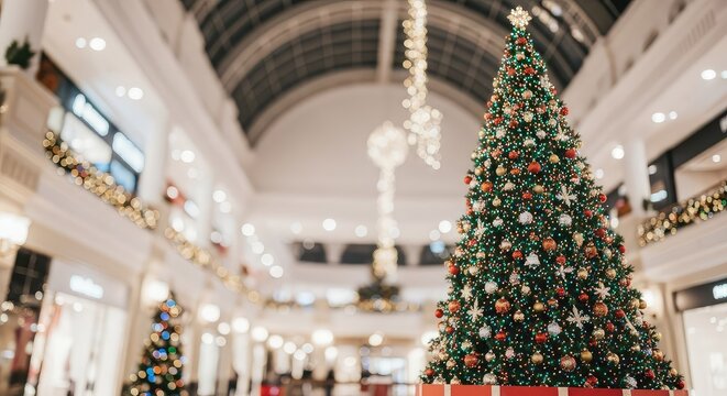 A wide-angle, blurred view of a large Christmas tree sparkling with multicolored lights inside a bright, festive shopping mall interior, soft, lights, decoration