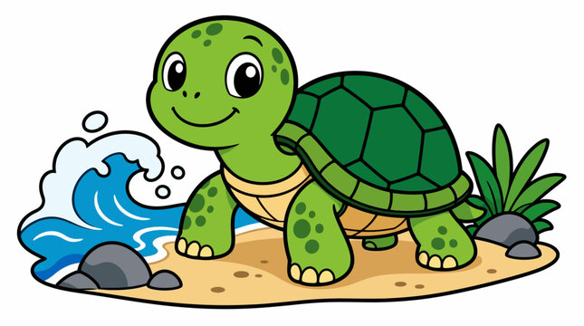 Smiling green turtle on sandy beach.