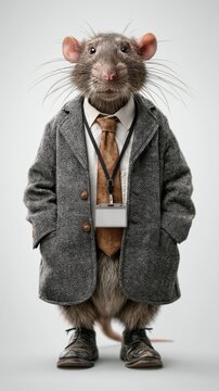 Well-dressed rat in a tweed coat and ID badge
