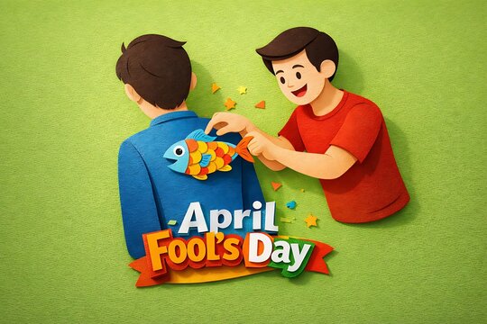 Paper craft art showing boy sticking paper fish on friend back prank