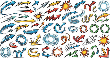 Comic Book Style Directional Arrow Vector Set with Dynamic Speed Lines, Colorful Action Starbursts, Circular Swirls, and Dramatic Explosion Graphic Elements © Monirul
