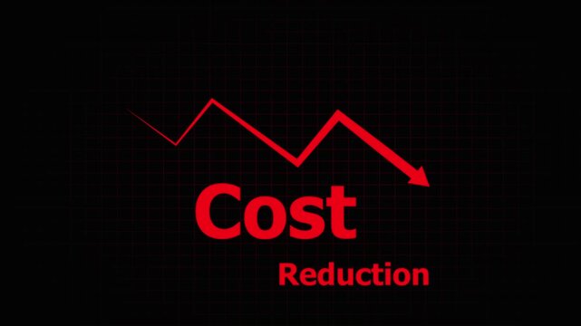 Cost reduction concept with downward trending graph and red text on black background cost-cutting expense decrease