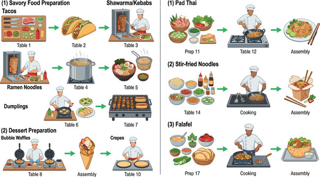 Culinary Cooking Step by Step Infographic Set with Professional Chefs Preparing Tacos, Ramen Noodles, Pad Thai, and Asian Street Food Vector Graphic Elements