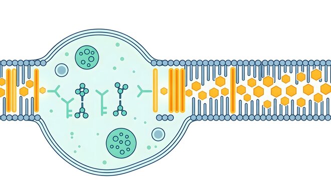 Illustration of cellular endocytosis or exocytosis process showing vesicle formation and molecular transport across a cell membrane.