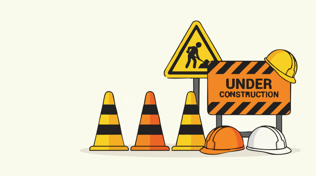 Under Construction Road Sign, Hard Hats, and Traffic Cones Vector Set