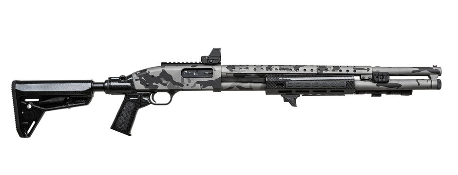 Camouflage tactical shotgun with mounted flashlight