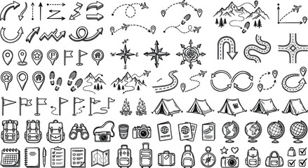 Hand Drawn Travel and Hiking Map Icon Set with Navigation Arrows, Camping Tents, Backpacks, Mountains, and Outdoor Adventure Elements for Tourism Infographic Designs © Monirul