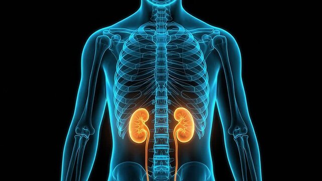 3D Medical Illustration of Human Torso with Glowing Kidneys and Renal System, Showing Internal Organs and Skeletal Structure for Healthcare and Scientific Education