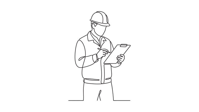 Continuous line drawing of a construction engineer writing on a clipboard.