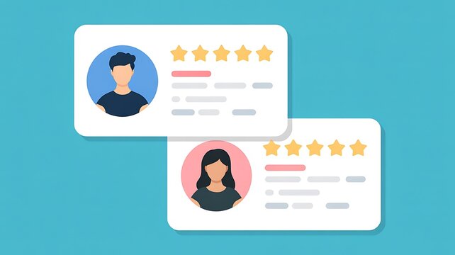 User profile cards, customer review ratings, star icons, vector people