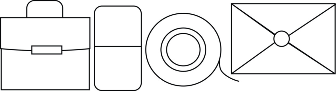 Vector linear icons of business office accessories including briefcase, stamp, adhesive tape roll, and closed mail envelope