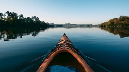 Fototapeta premium A kayak glides across the calm surface of a serene lake reflecting natural beauty and tranquility