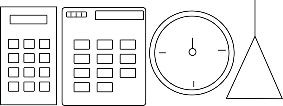 Vector linear icons of business office supplies including calculator, numeric keypad, clock, and hanging decoration