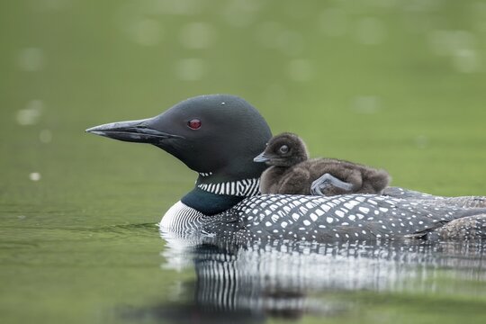 Adult common loon (Gavia immer) carrying his baby on his back. .