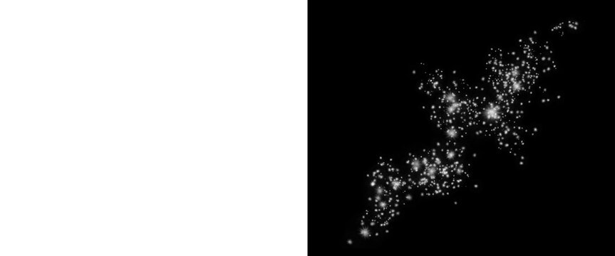 Abstract white dust particles on black background, glowing magic powder explosion, ethereal sparkling glitter texture for overlay design