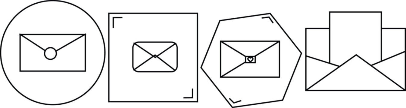 Vector linear icons of minimal envelopes inside geometric frames, message and mail communication concept