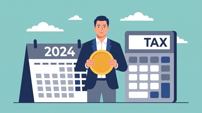 Man Holding Gold Coin Near Calendar And Tax Calculator Vector Illustration