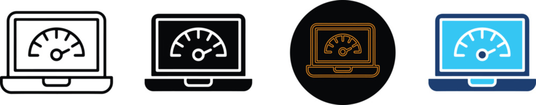 Four distinct laptop icons depicting computer performance speed test metrics