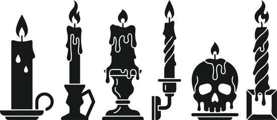 Black silhouette of six candles on stands with a skull © Moshood